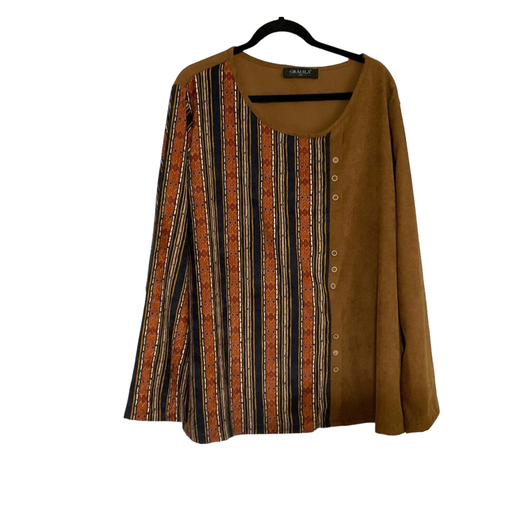 Gracila Blouse Top Size 5XL Brown Striped Ribbed‎ Long Sleeve Faux Buttons